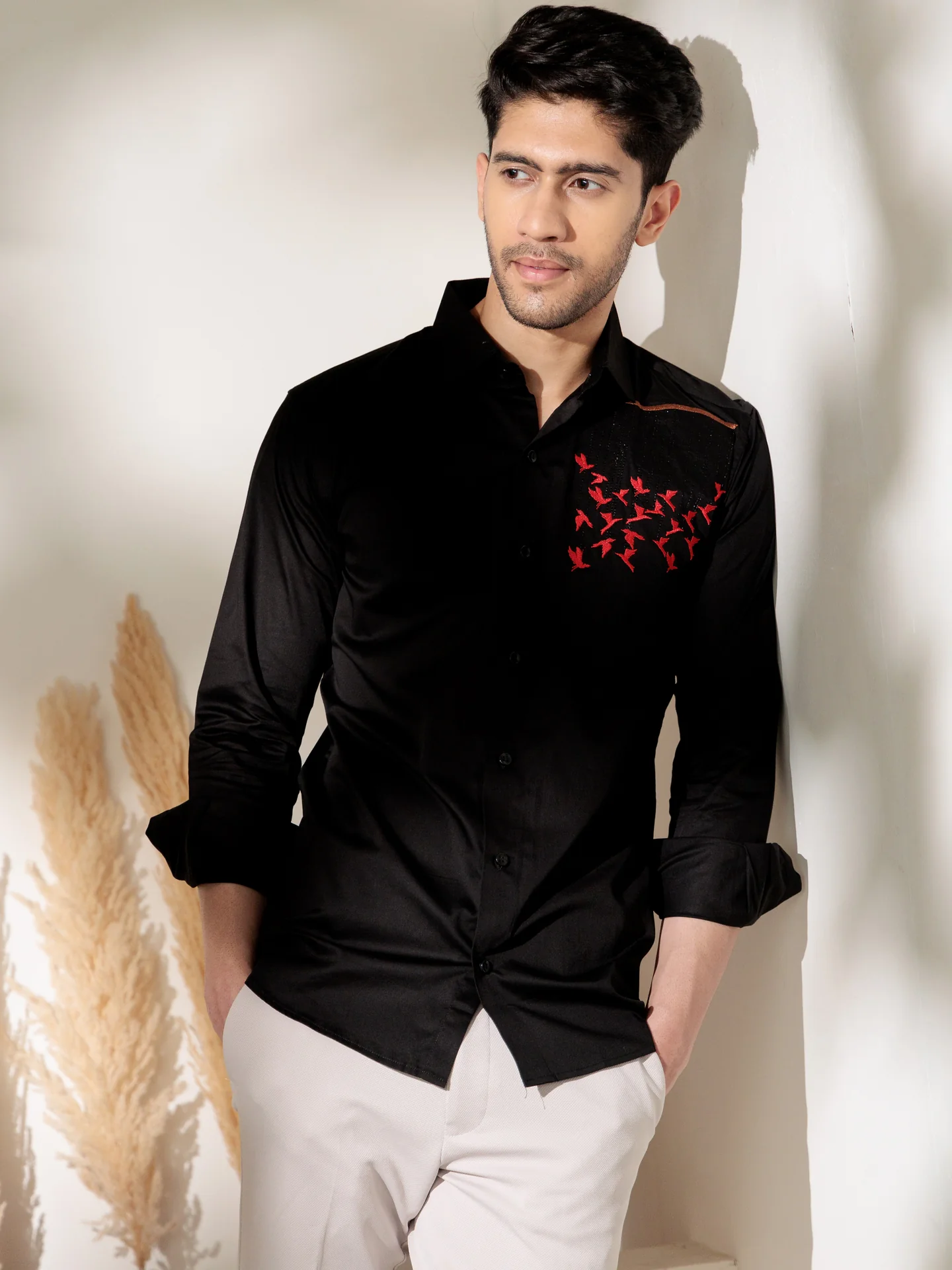Black embroidered designer wear satin cotton shirt for men - Image 2