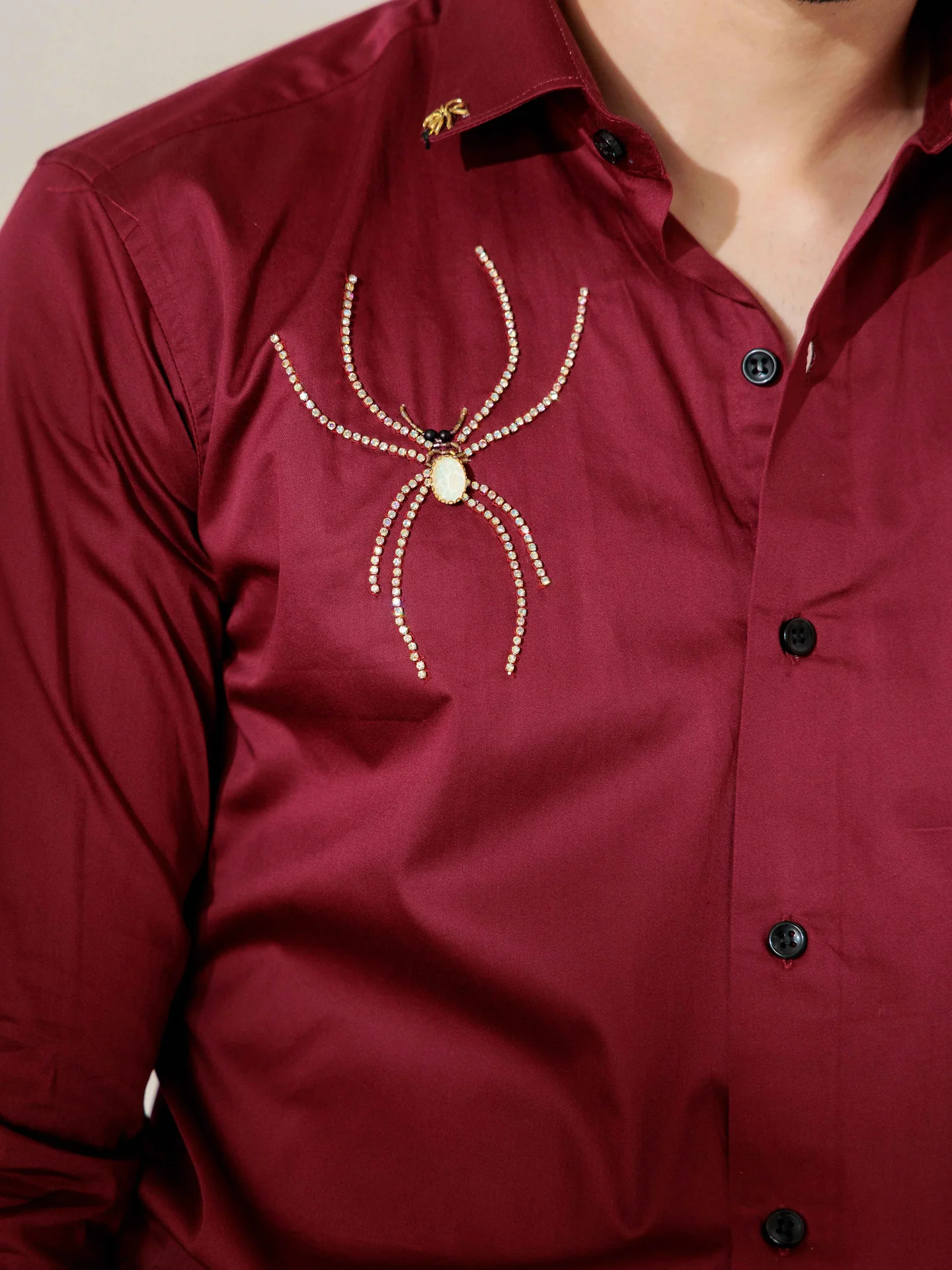 Maroon rhinestone hand work satin cotton premium shirt for men - Image 2