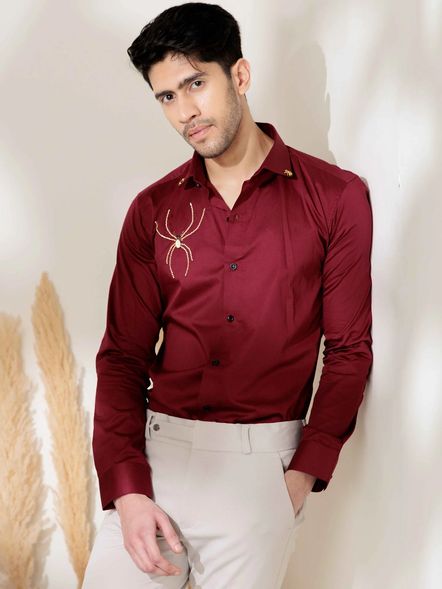 Maroon rhinestone hand work satin cotton premium shirt for men - Image 3